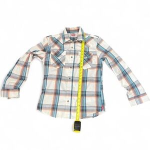 Wrangler Blue and Orange Plaid Casual Button Down Shirt